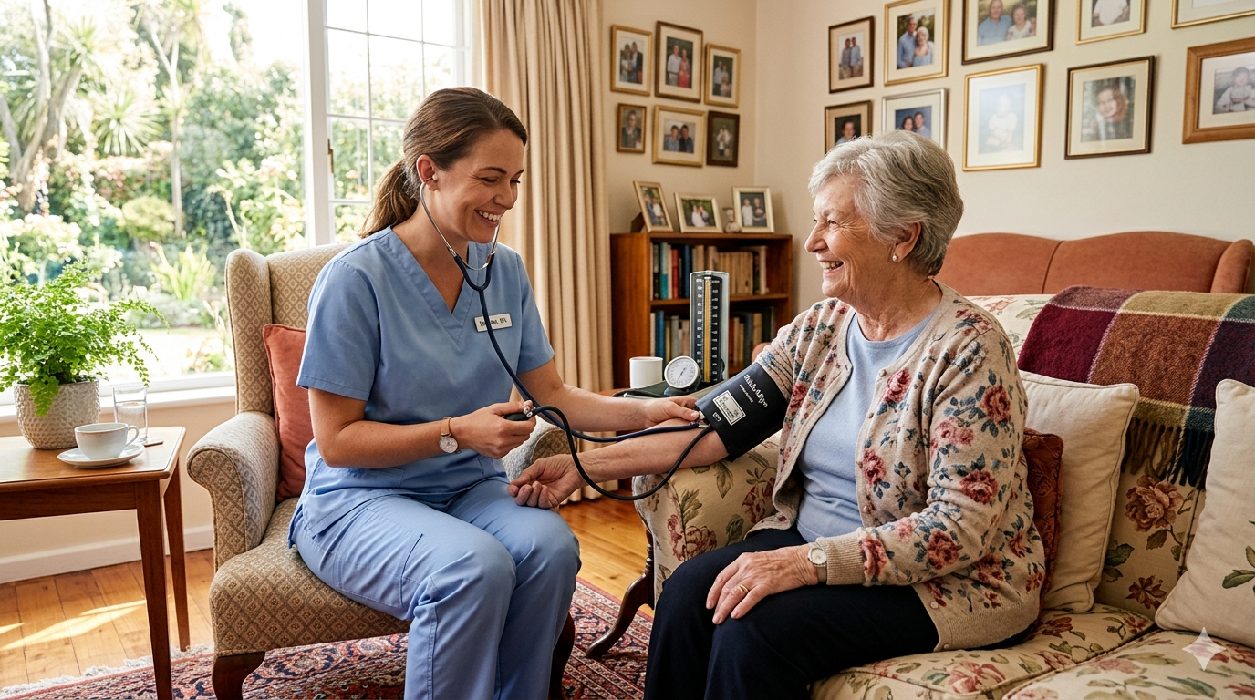 Home health nurse checking blood pressure of elderly woman in sunny living room